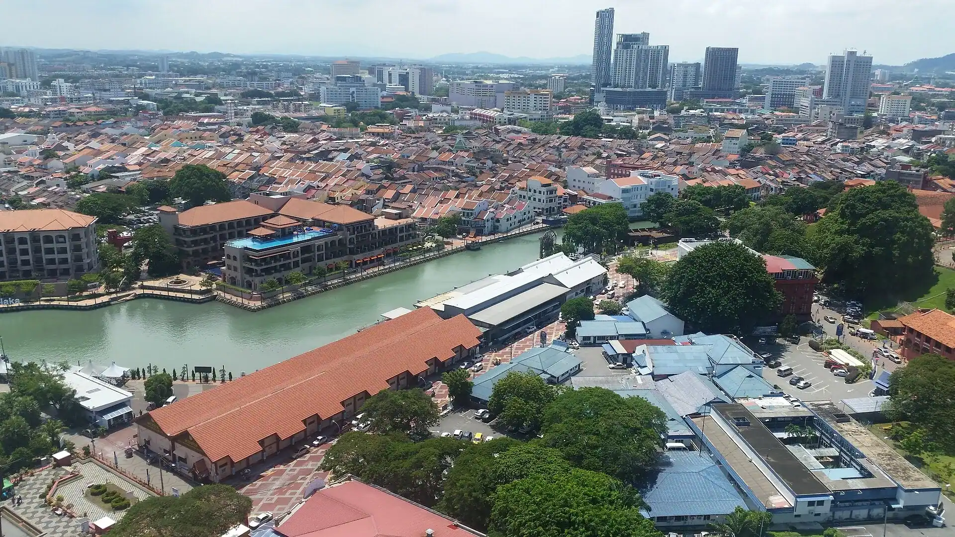 The river and old town of Melaka from above