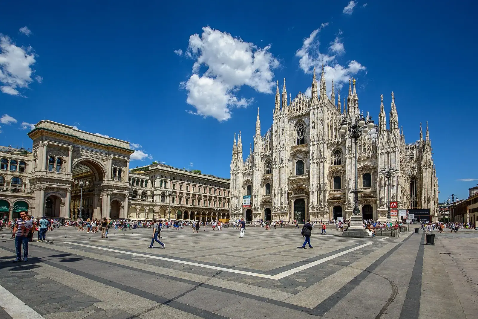 Piazza del Duomo with Milan Cathedral and Galleria Vittorio Emanuele II entrance, Milan, Italy