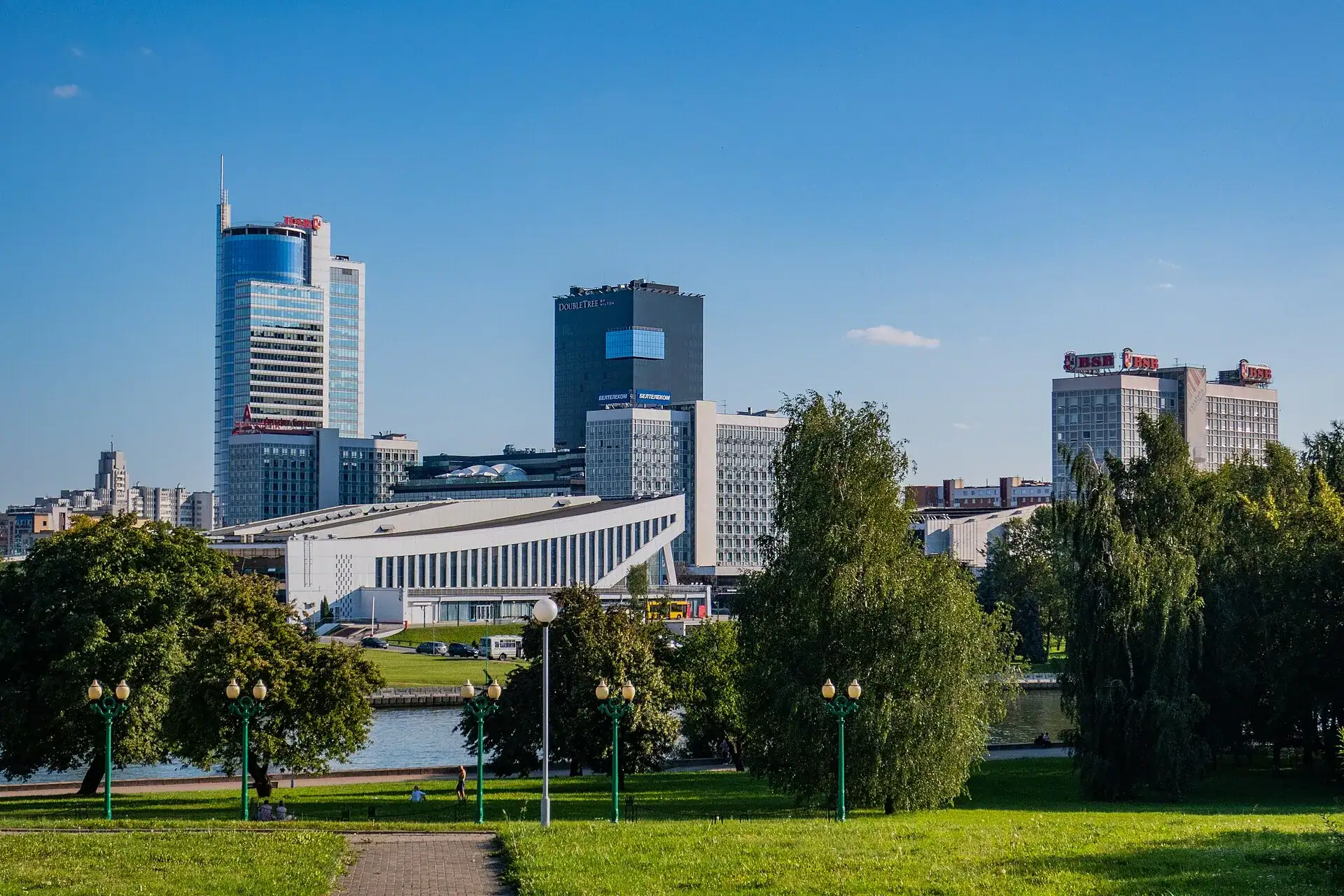 The Minsk skyline above one of the city parks