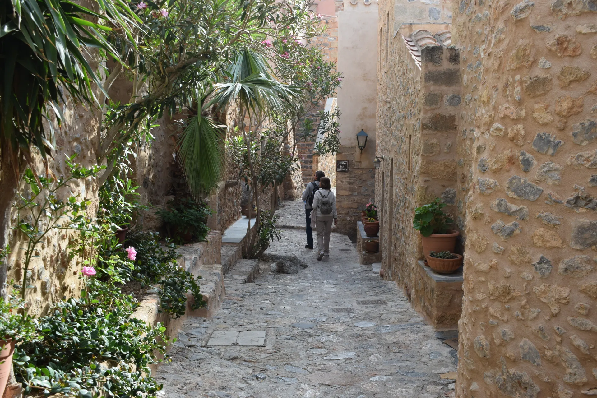 A stone lane in the walled town of Monemvasia, Greece