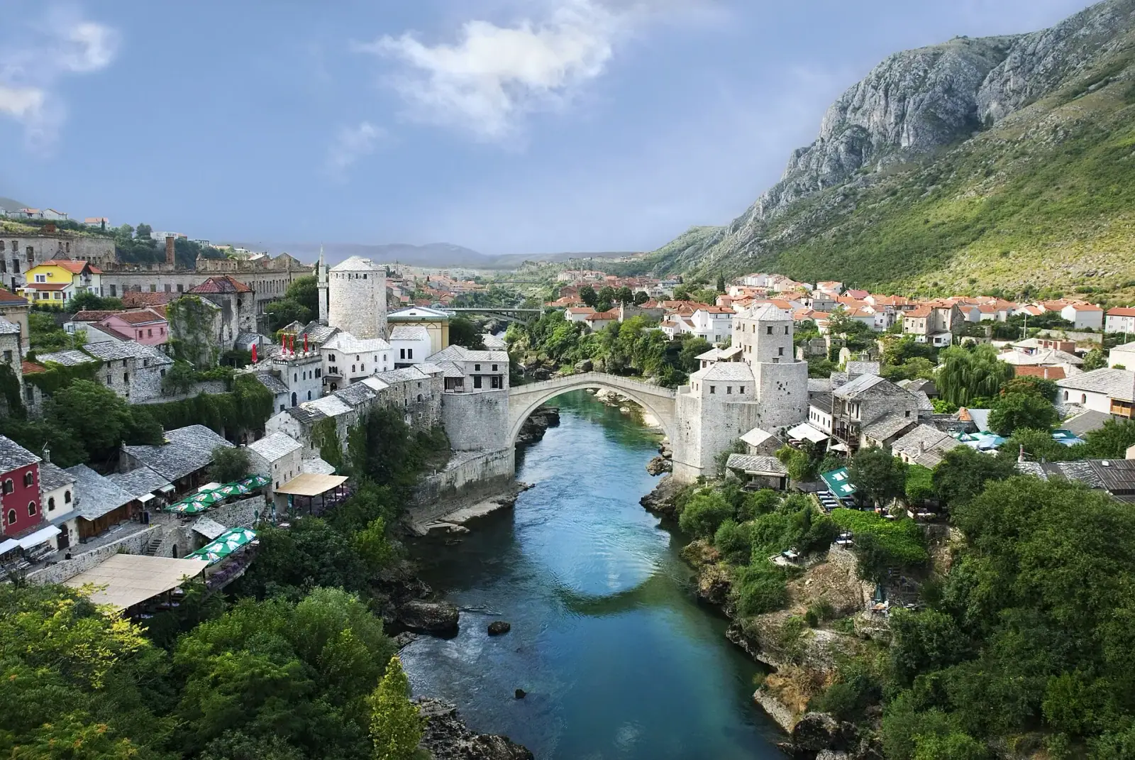 Panoramic view of Mostar old town with Stari Most bridge over the Neretva river