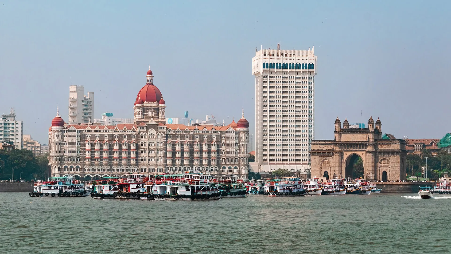 Taj Mahal Palace Hotel and Gateway of India seen from the harbour, Mumbai