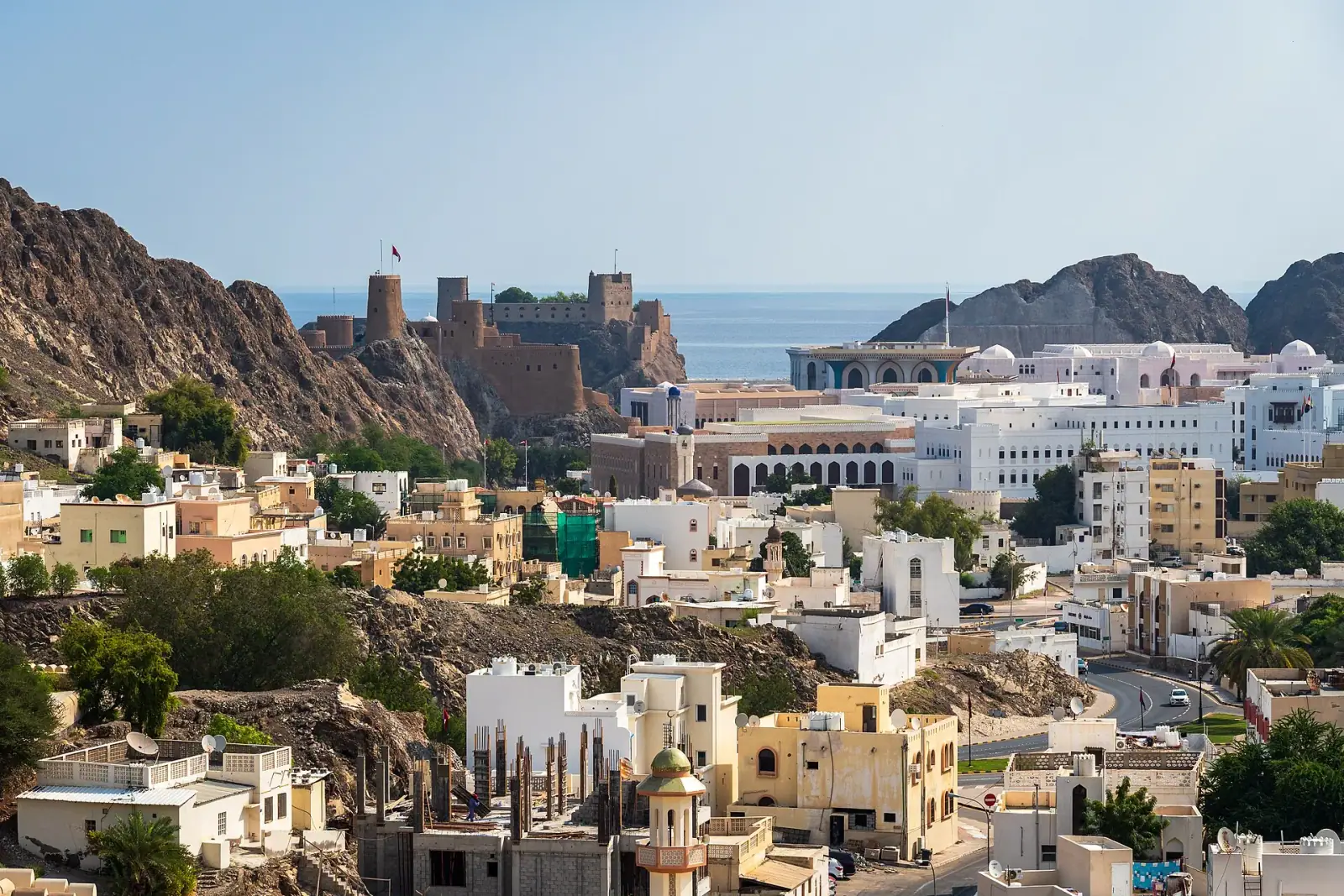 Panoramic daytime view of Old Muscat with Al Jalali Fort, Sultan's Palace, and the sea