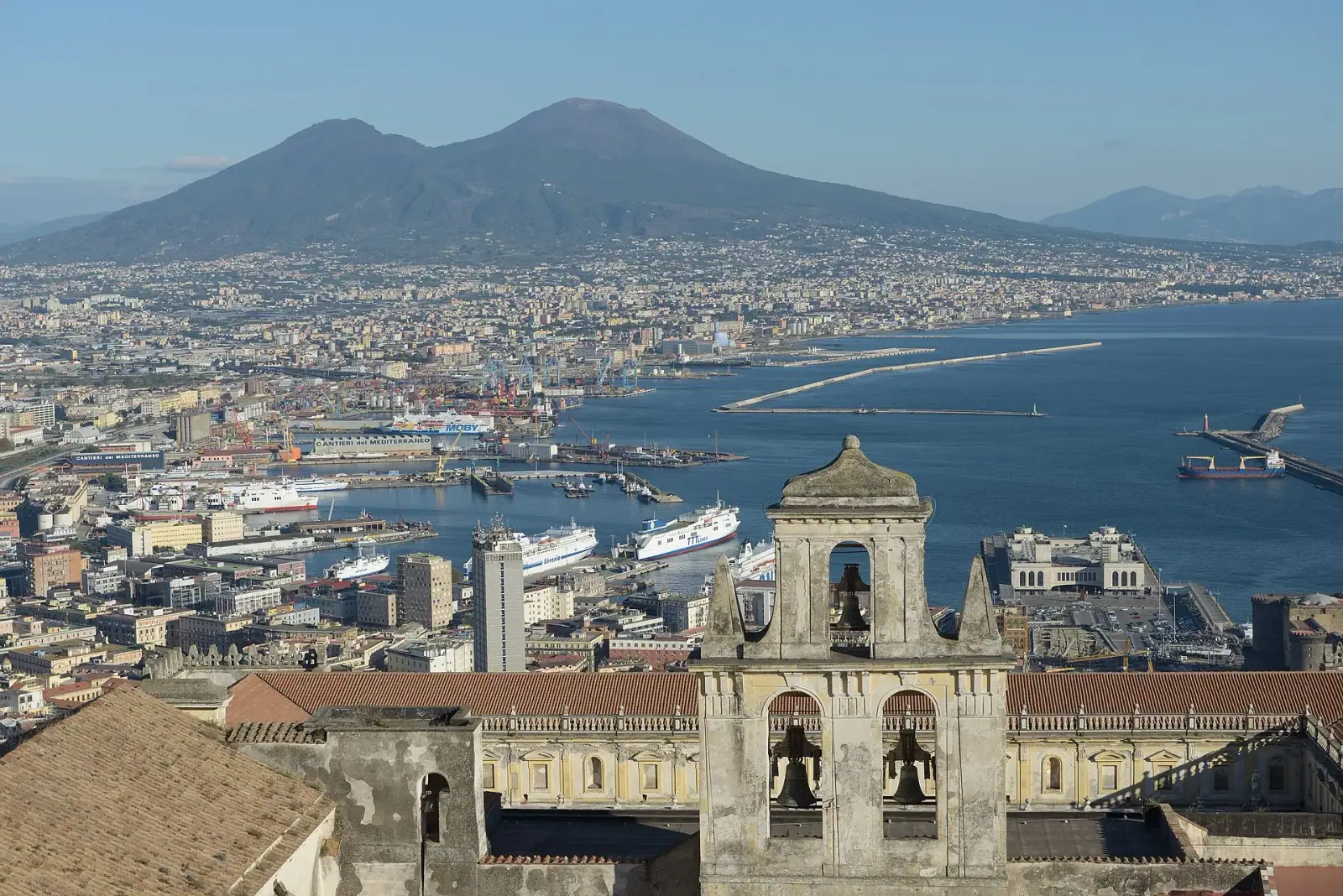 Panoramic view of Naples from Castello Sant'Elmo, with the port, Bay of Naples, and Mt. Vesuvius