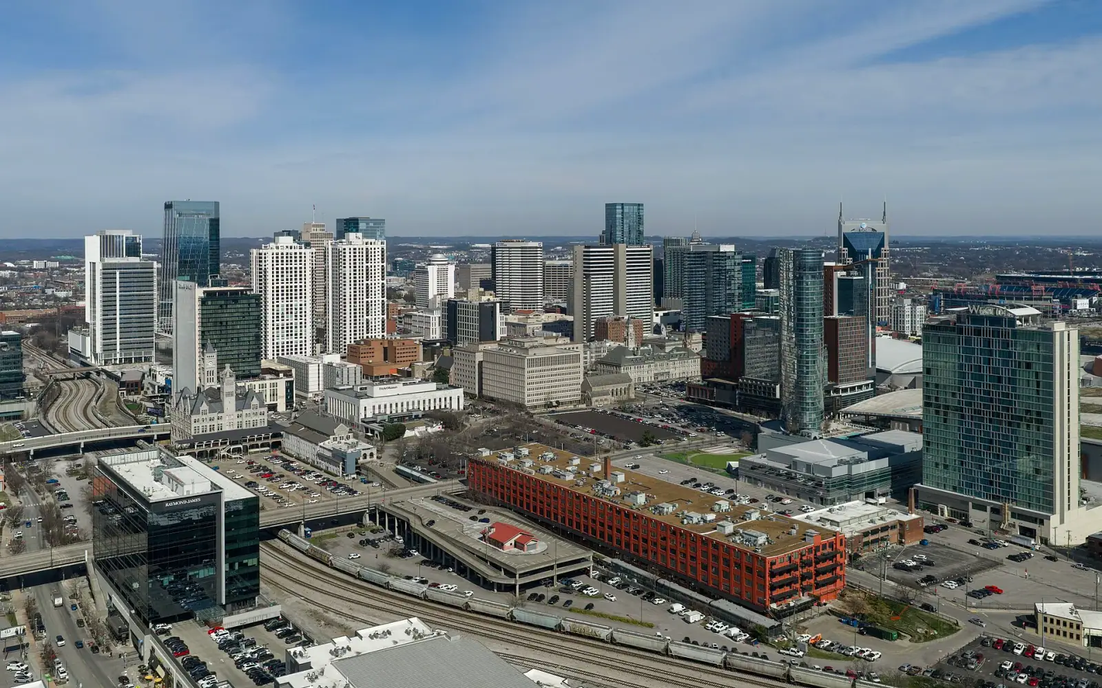 Downtown Nashville skyline from above showing the AT&T Building and surrounding skyscrapers