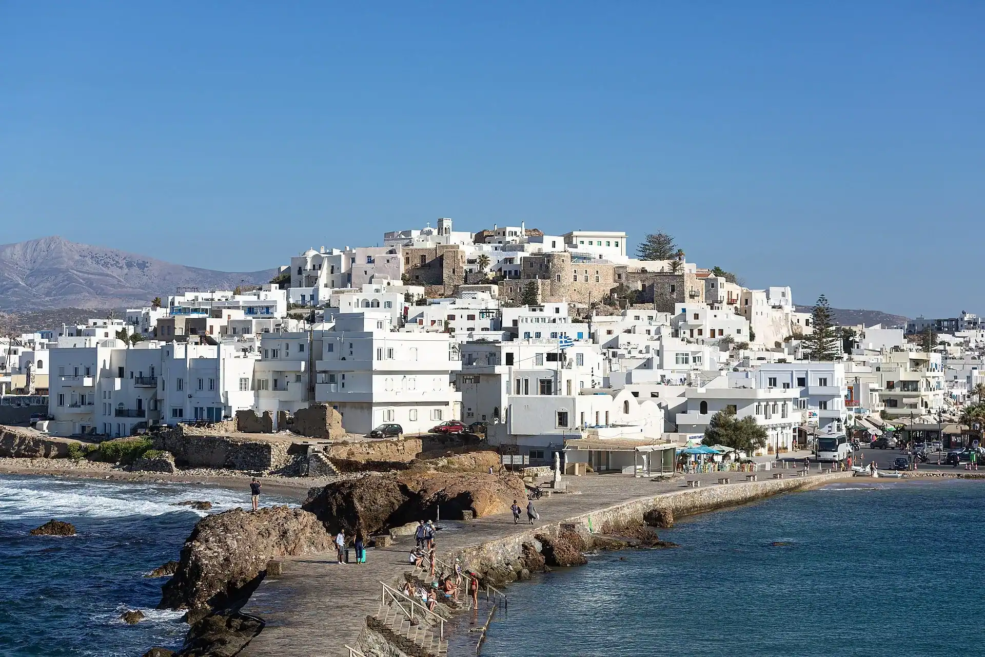 The white houses of Naxos Chora stacked above the harbour