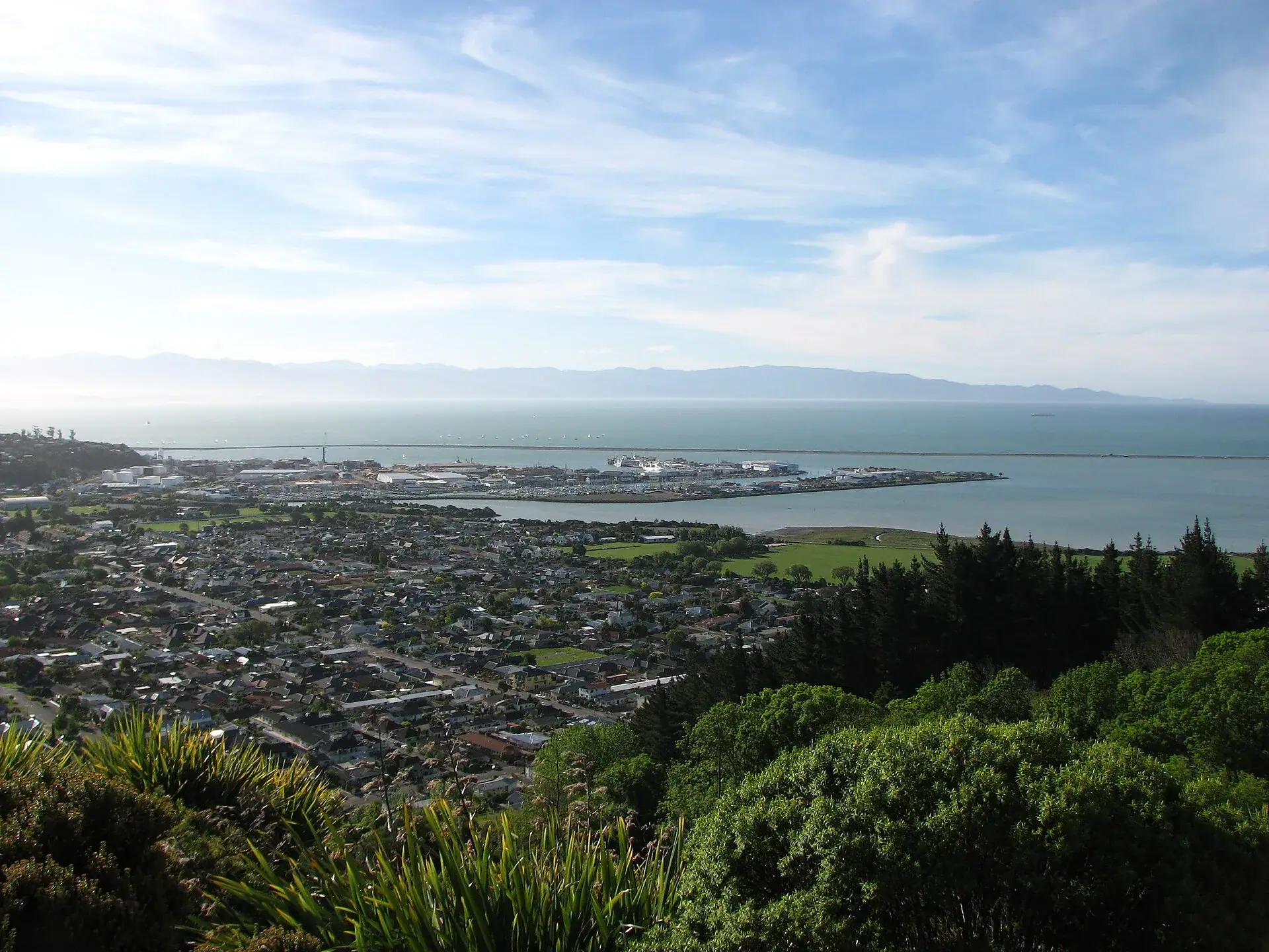 Nelson and Tasman Bay seen from the hills above the town