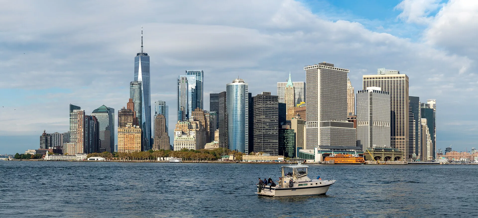 Lower Manhattan skyline with One World Trade Center viewed from Governors Island