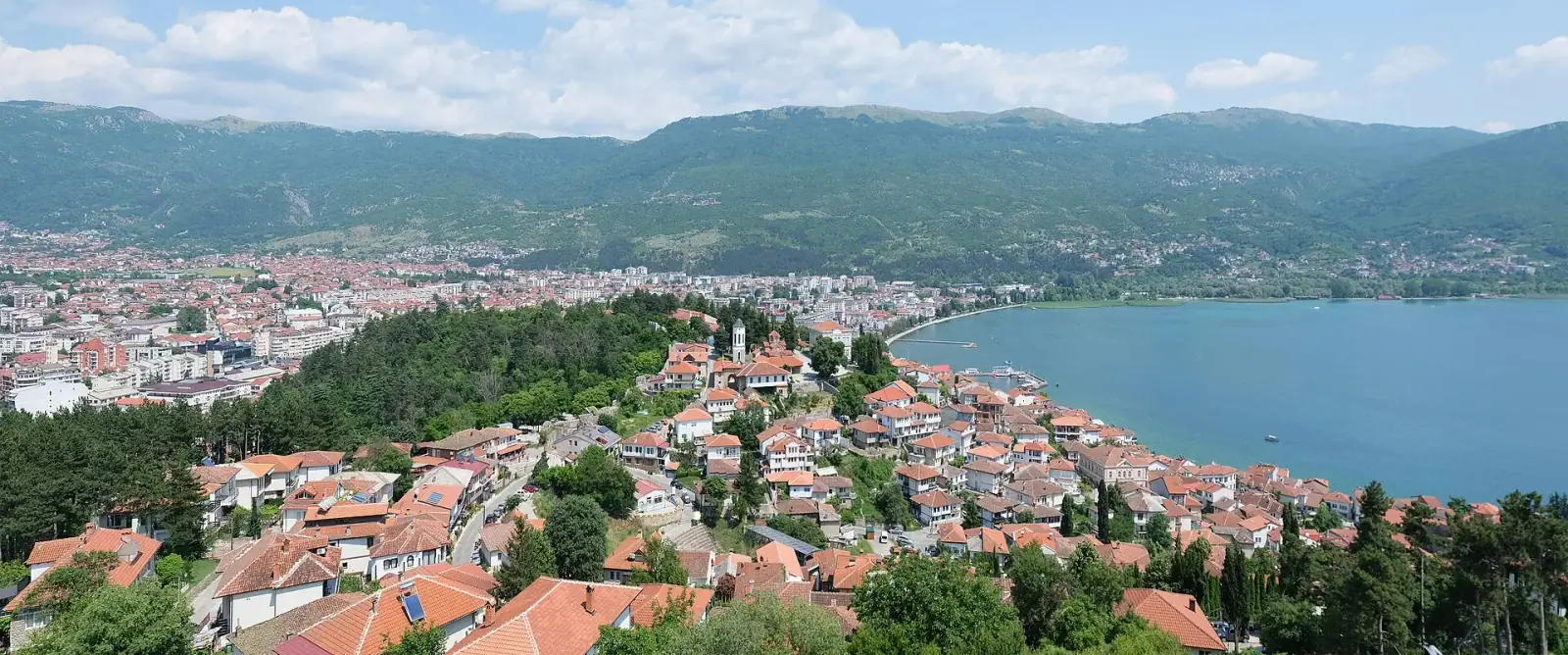 Panoramic view of Ohrid old town with Lake Ohrid and mountains