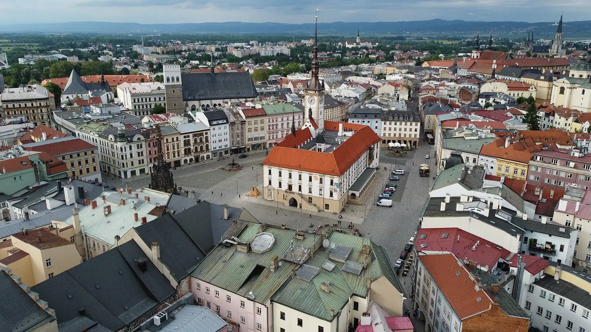 The upper square of Olomouc and its town hall tower from the air