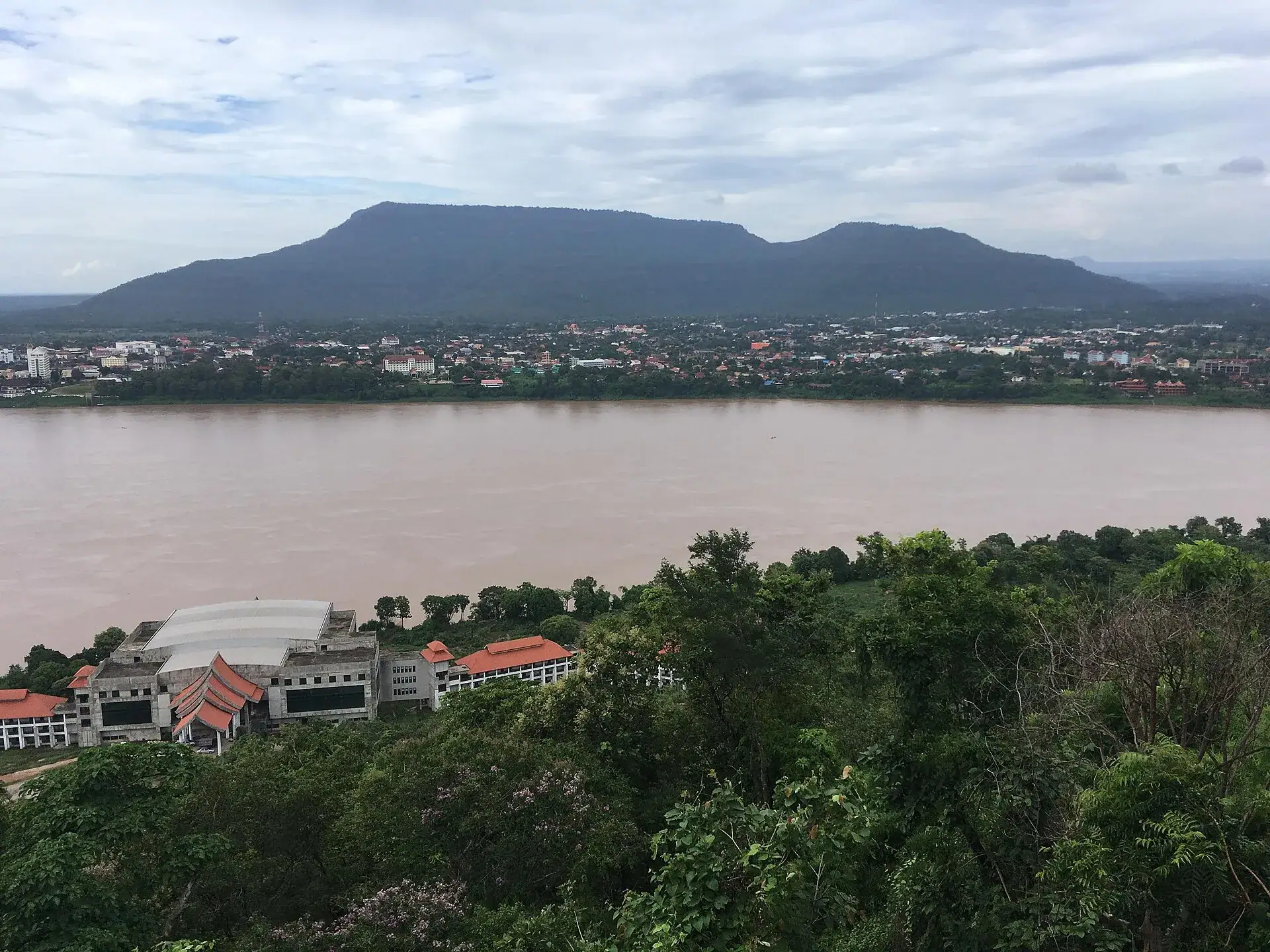 Pakse on the Mekong, with the hills of the Bolaven plateau behind