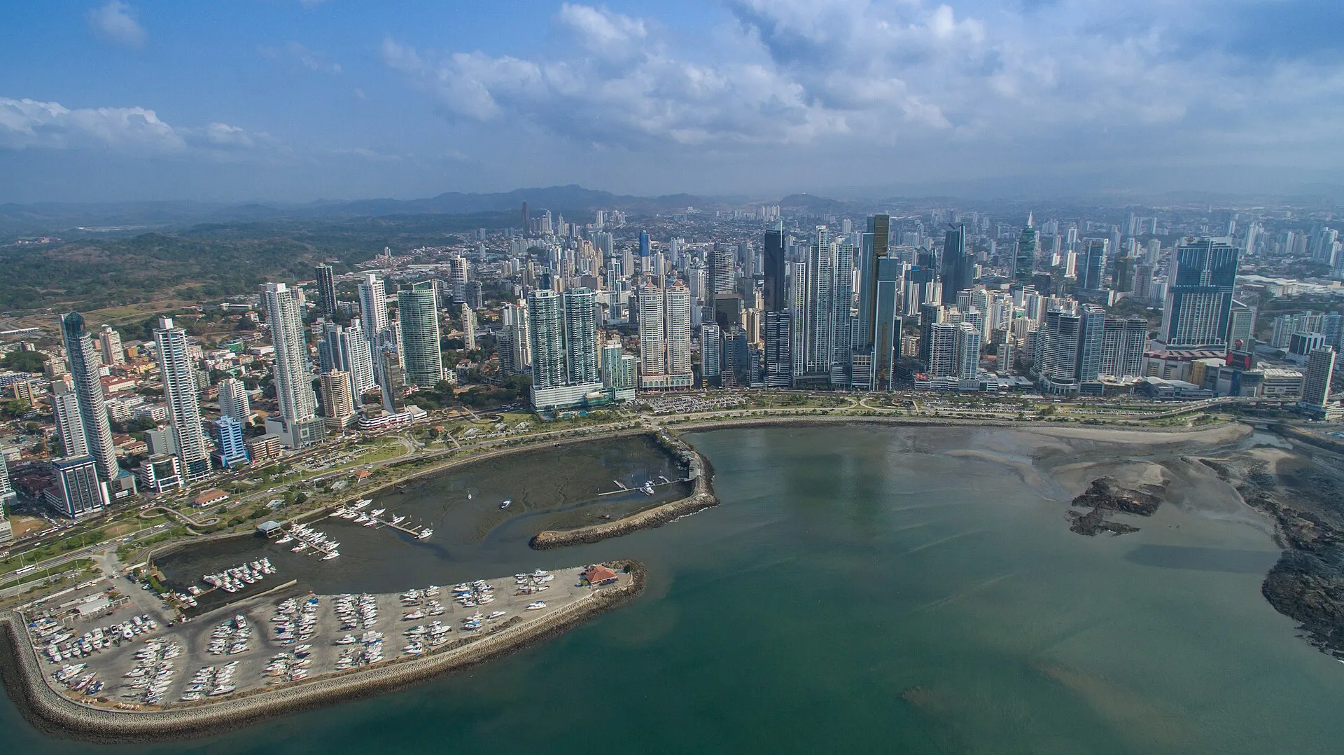 Aerial view of Panama City financial district skyline and Panama Bay