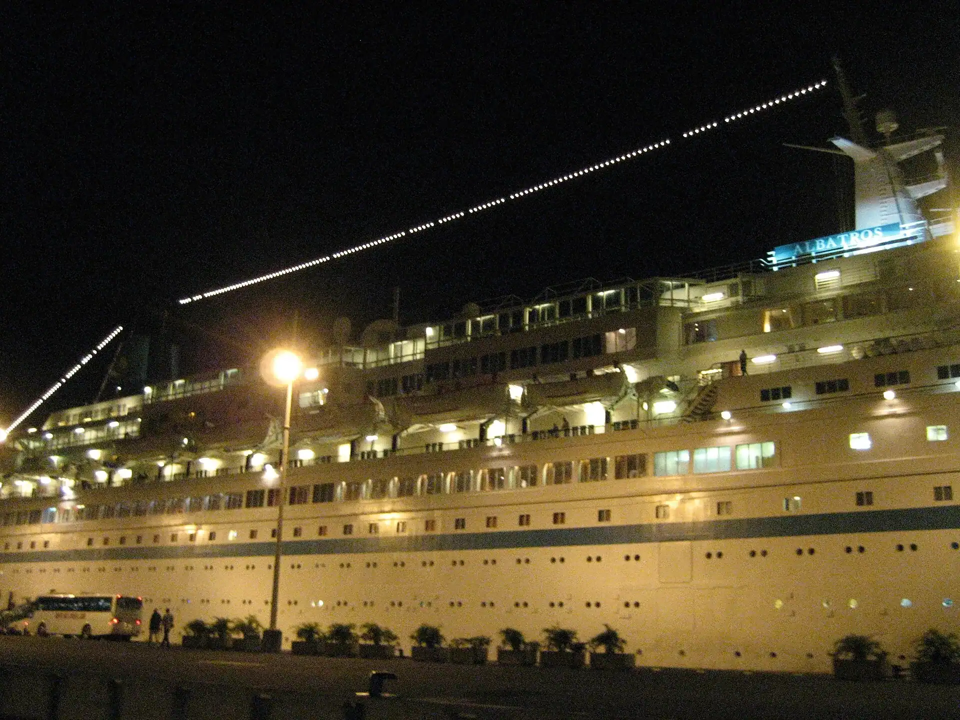 A cruise liner alongside at night in Papeete harbour