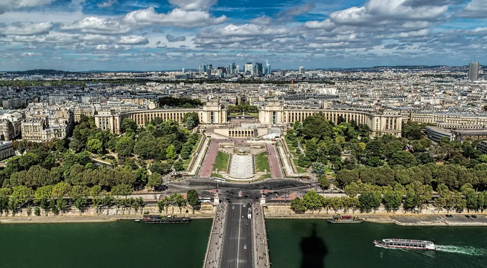 Paris skyline with Palais de Chaillot, Seine river and La Defense viewed from the Eiffel Tower