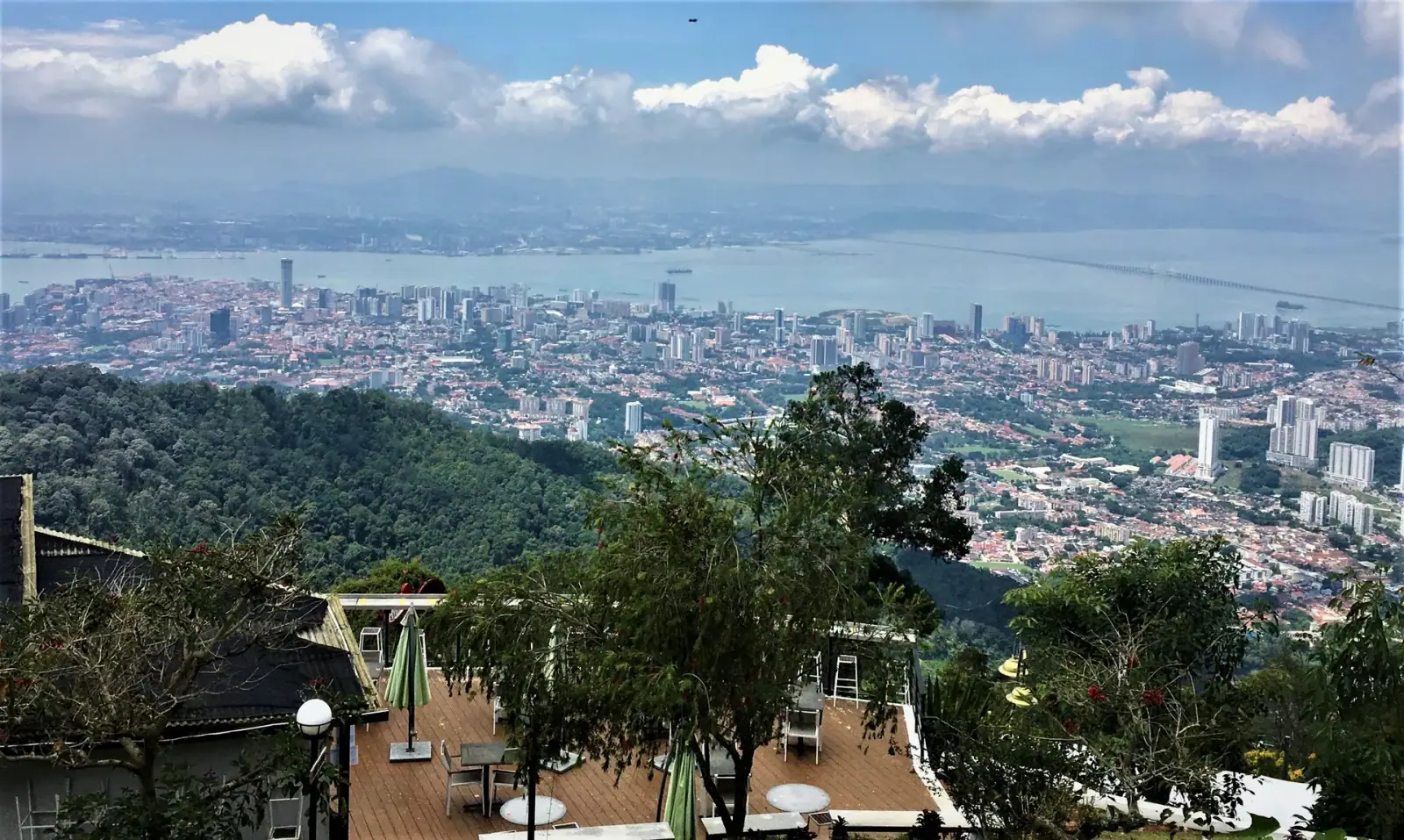 George Town skyline, Penang Strait, and Penang Bridge viewed from Penang Hill