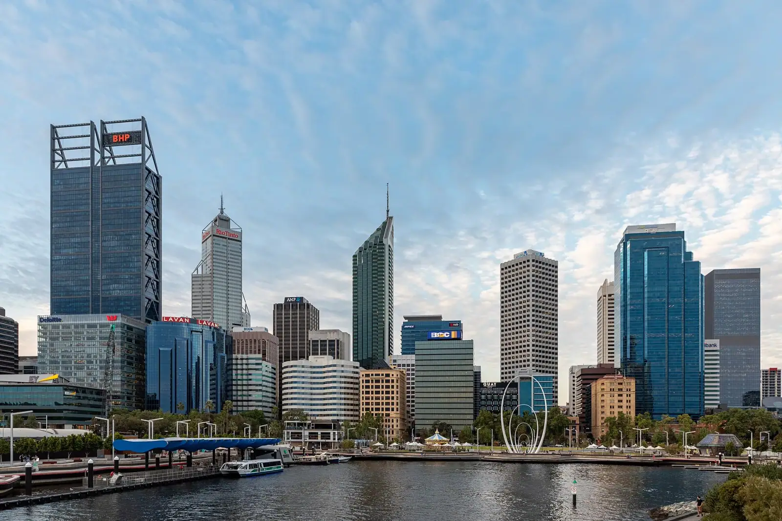 Perth CBD skyline viewed from Elizabeth Quay, with the Swan River waterfront and the BHP tower