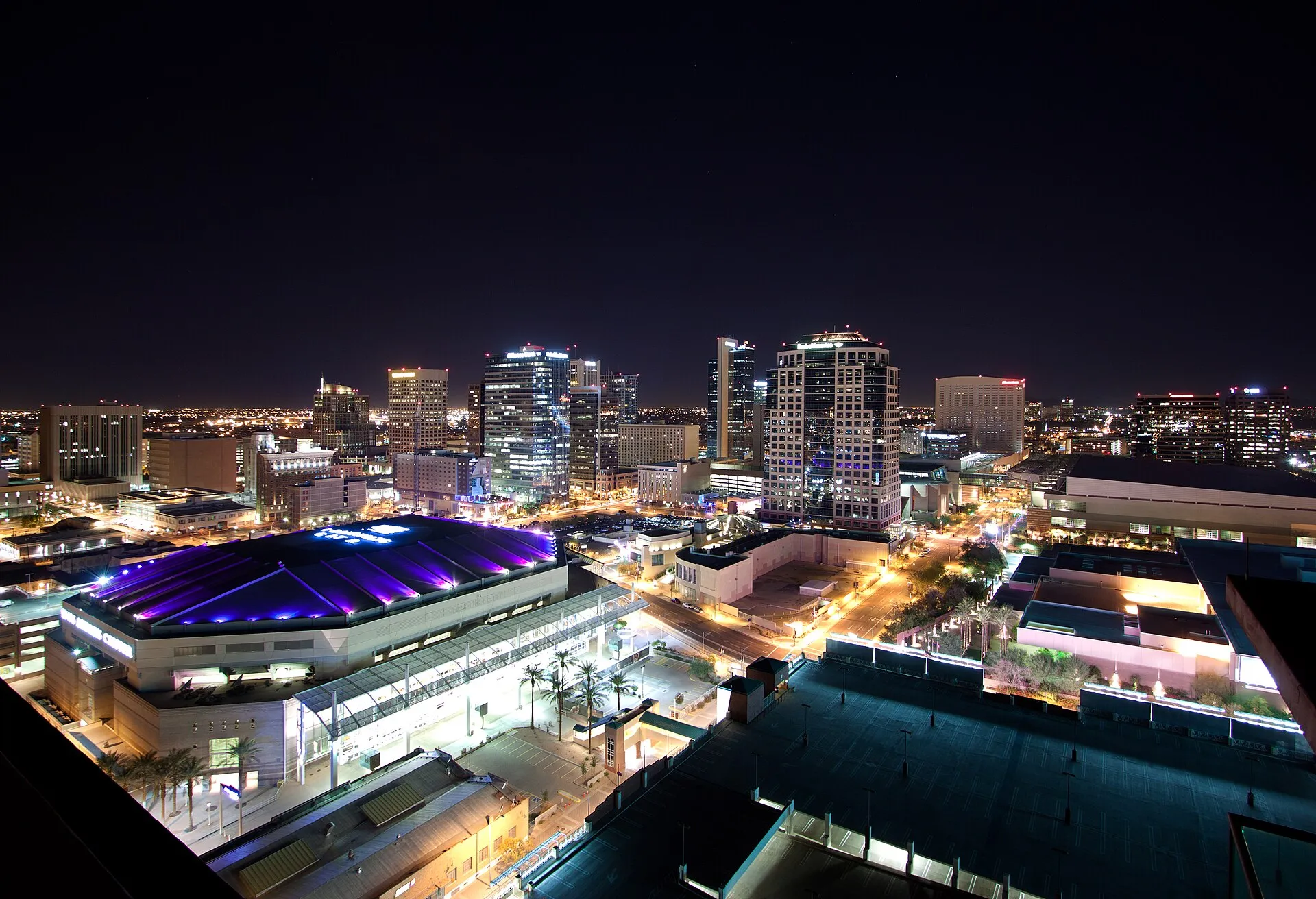 Downtown Phoenix, Arizona skyline lit up at night