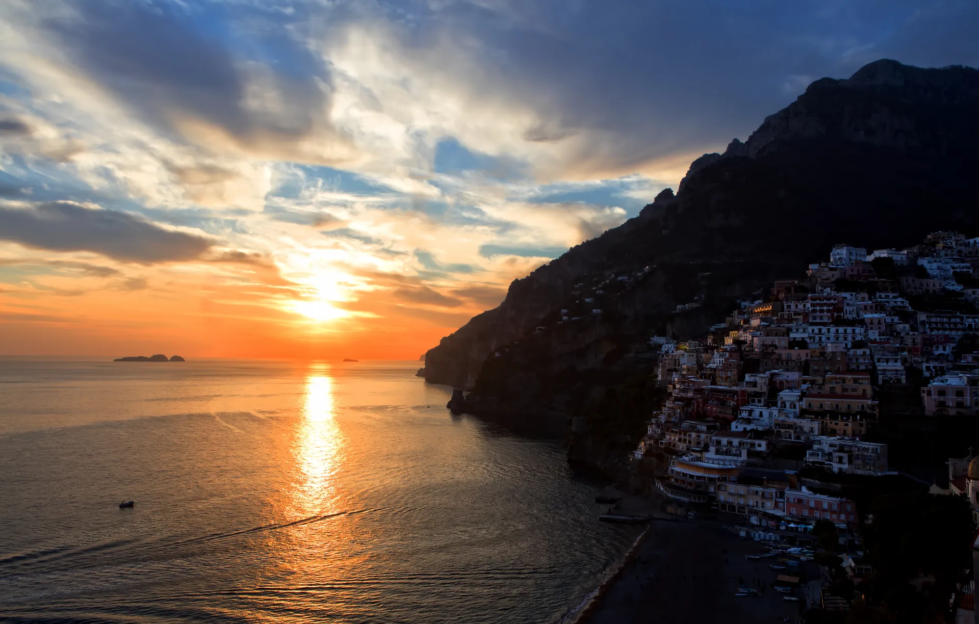 Positano at sunset on the Amalfi Coast, Italy