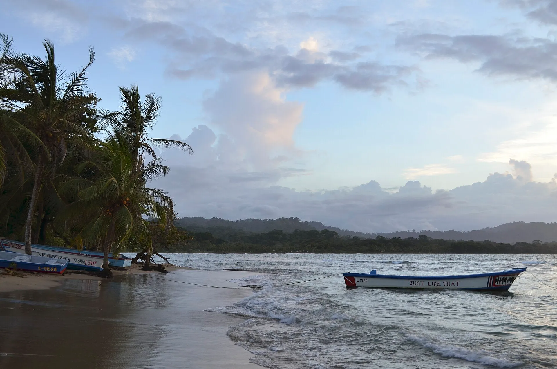Palms, fishing boats and Caribbean surf at Puerto Viejo de Talamanca