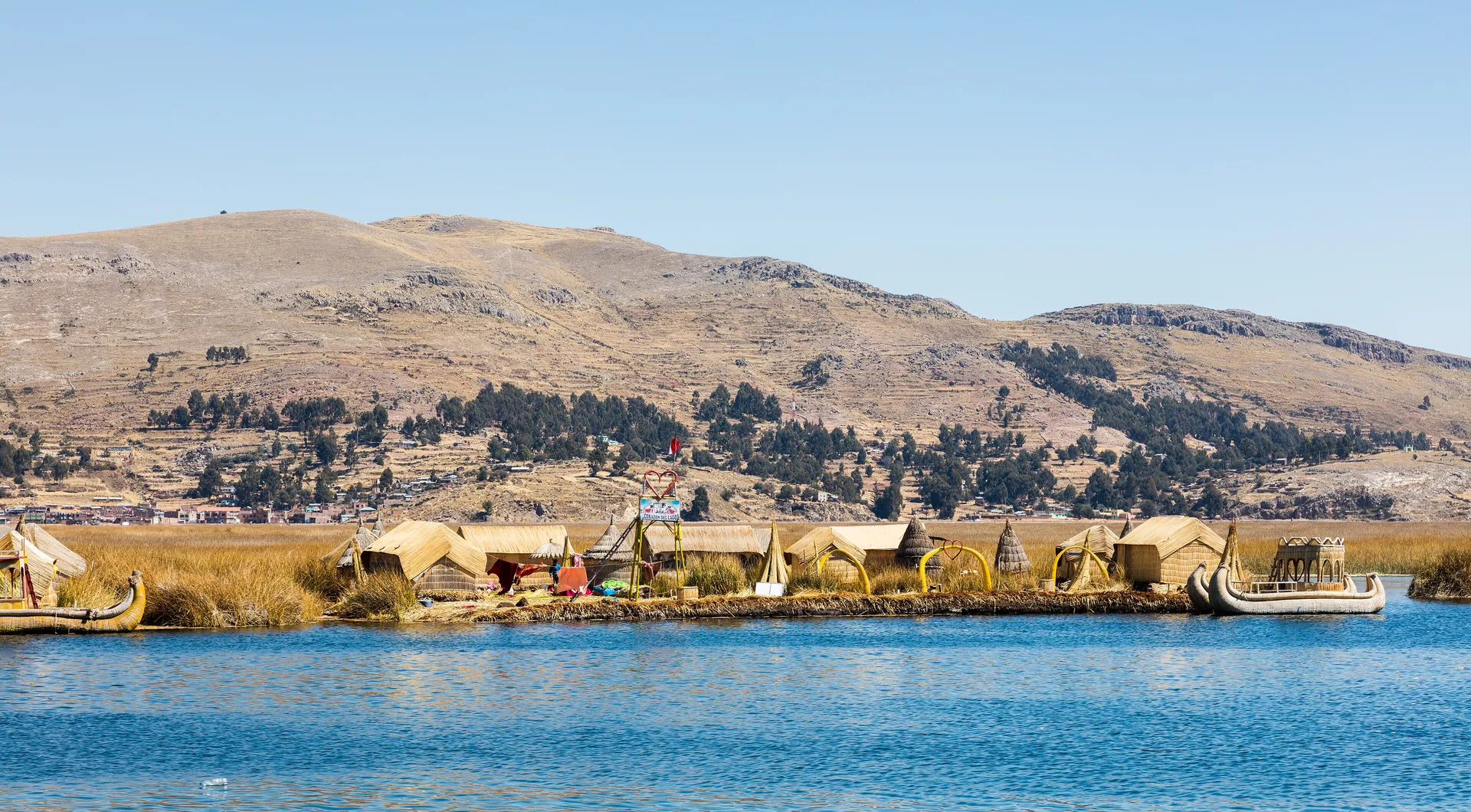 The Uros floating reed islands on Lake Titicaca near Puno, Peru