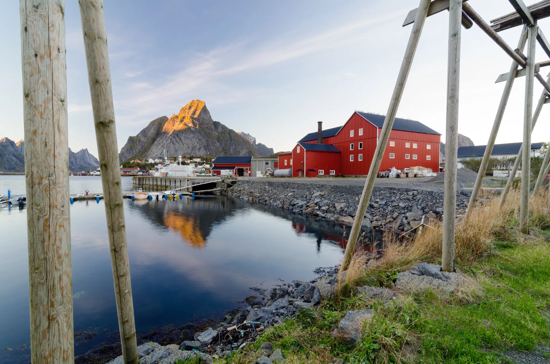 The red cabins and peaks of Reine in the Lofoten Islands, Norway