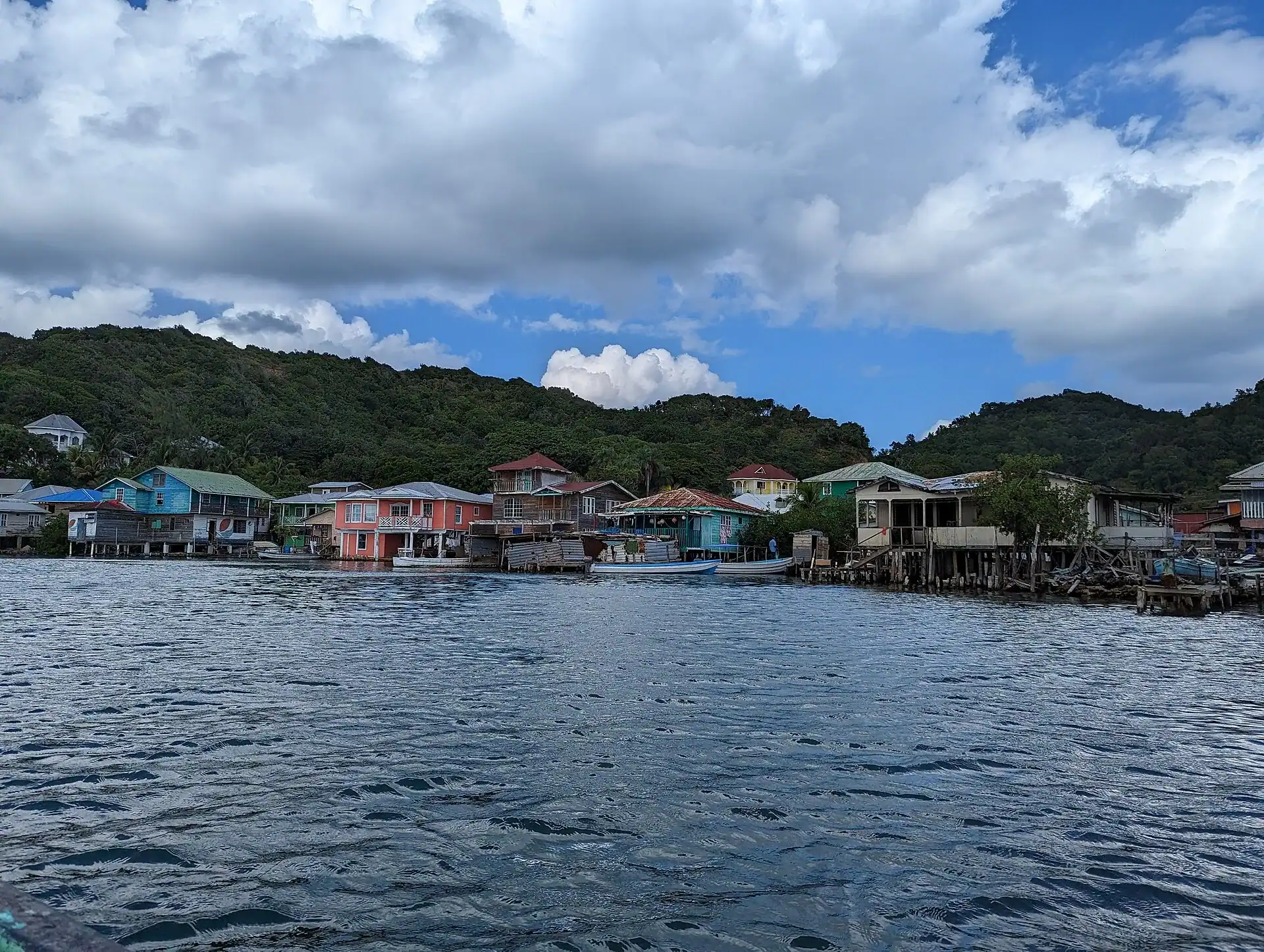 Houses built over the water at Oak Ridge on Roatan