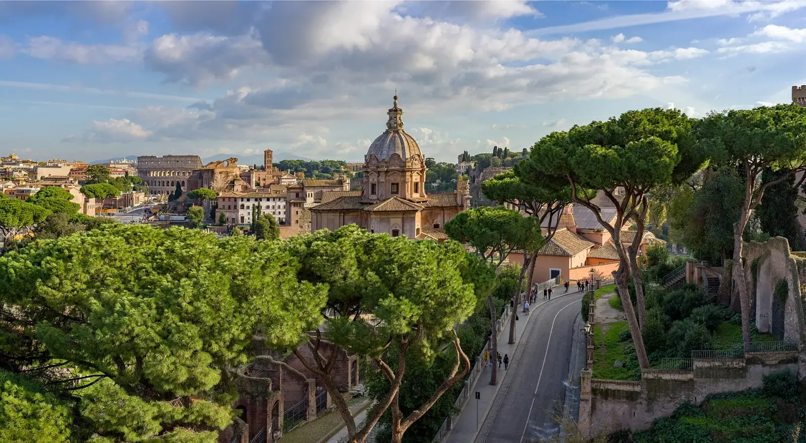 Panoramic view of the Roman Forum and Colosseum from the Vittoriano monument in Rome