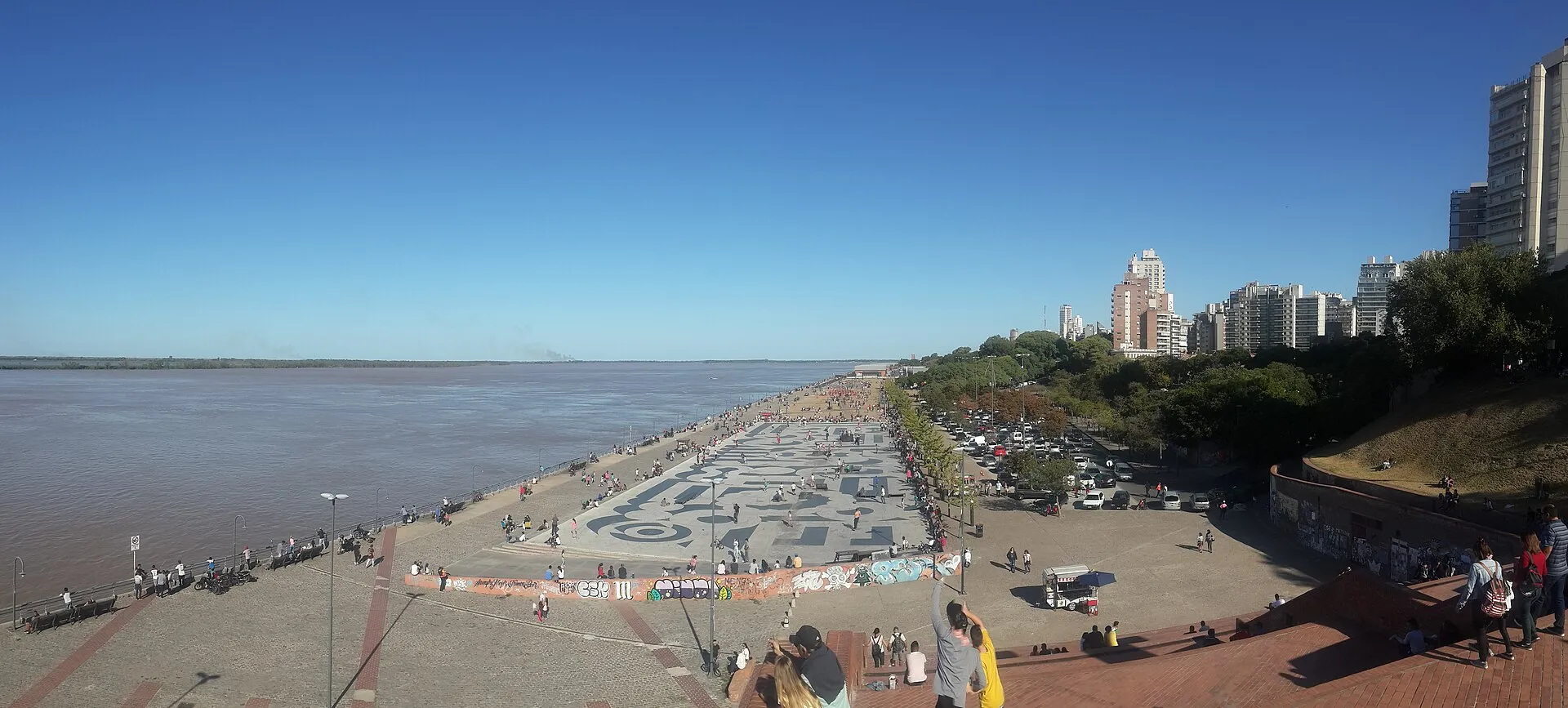 Panoramic view of Rosario's costanera along the Parana River on a sunny day