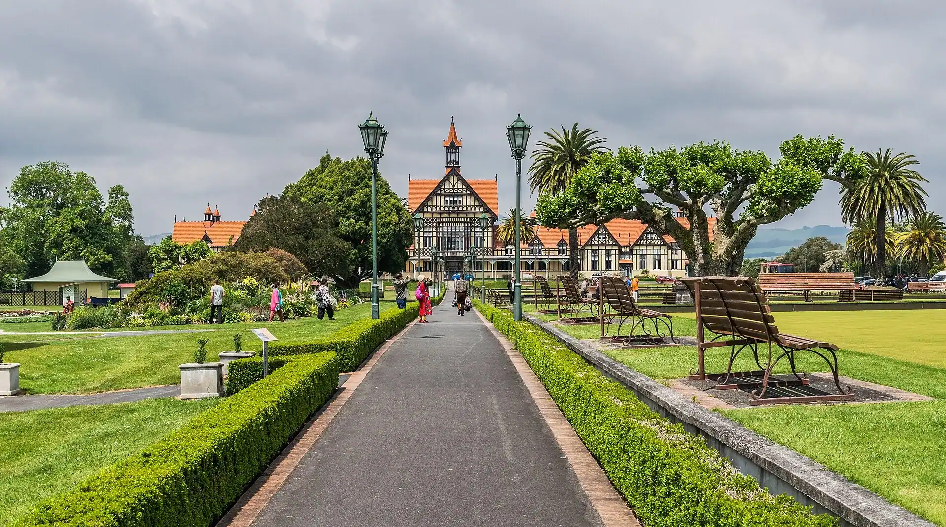 The Government Gardens at Rotorua with the old Bath House