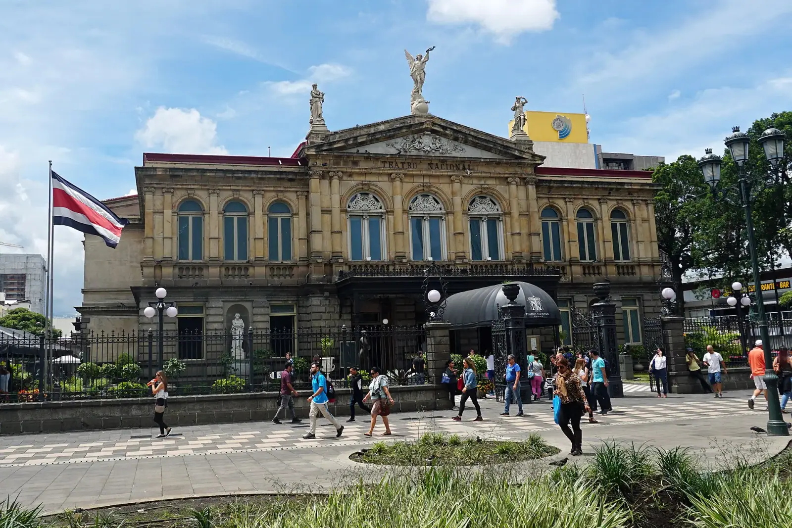 Teatro Nacional de Costa Rica facade with Costa Rica flag, San José