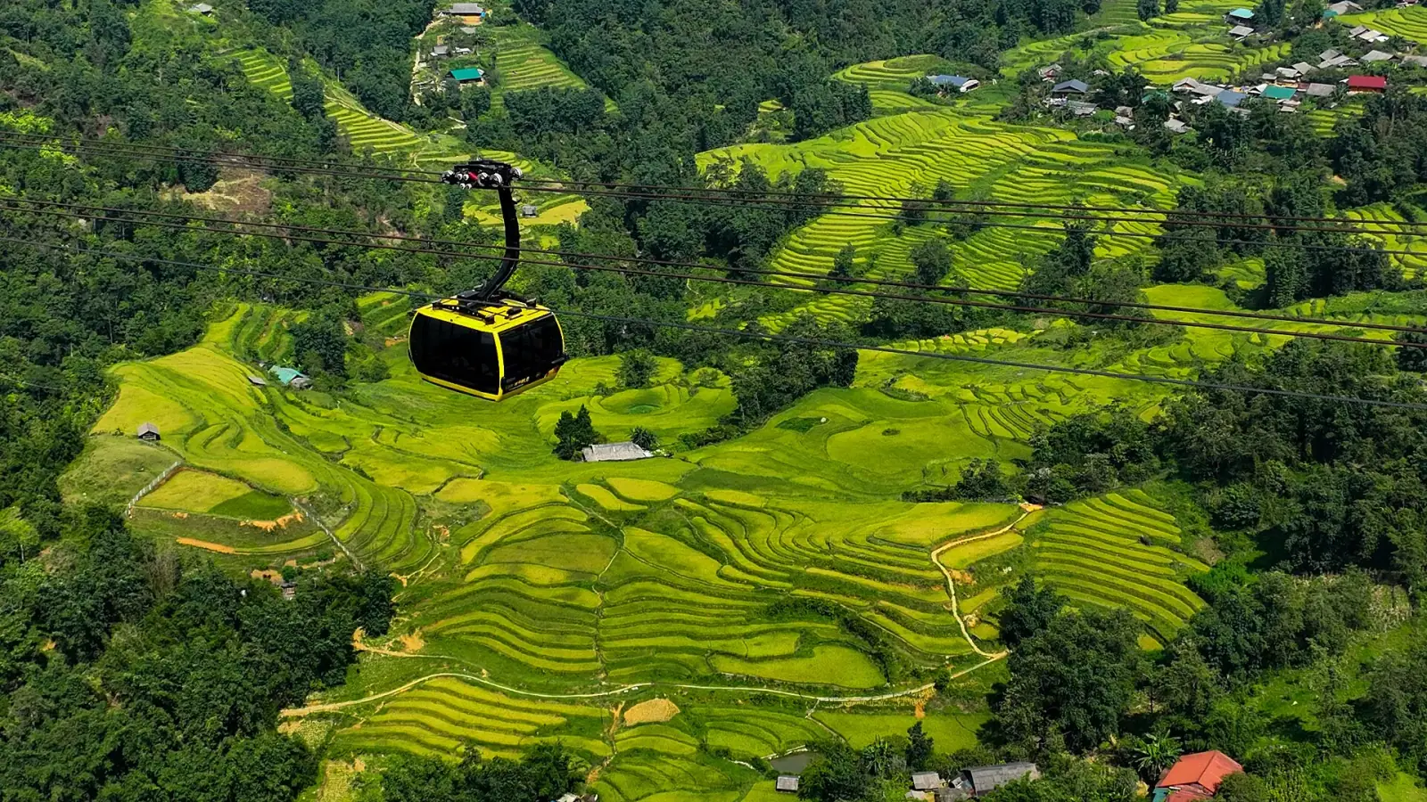 Fansipan cable car gondola flying over sweeping terraced rice fields in Sa Pa, Vietnam