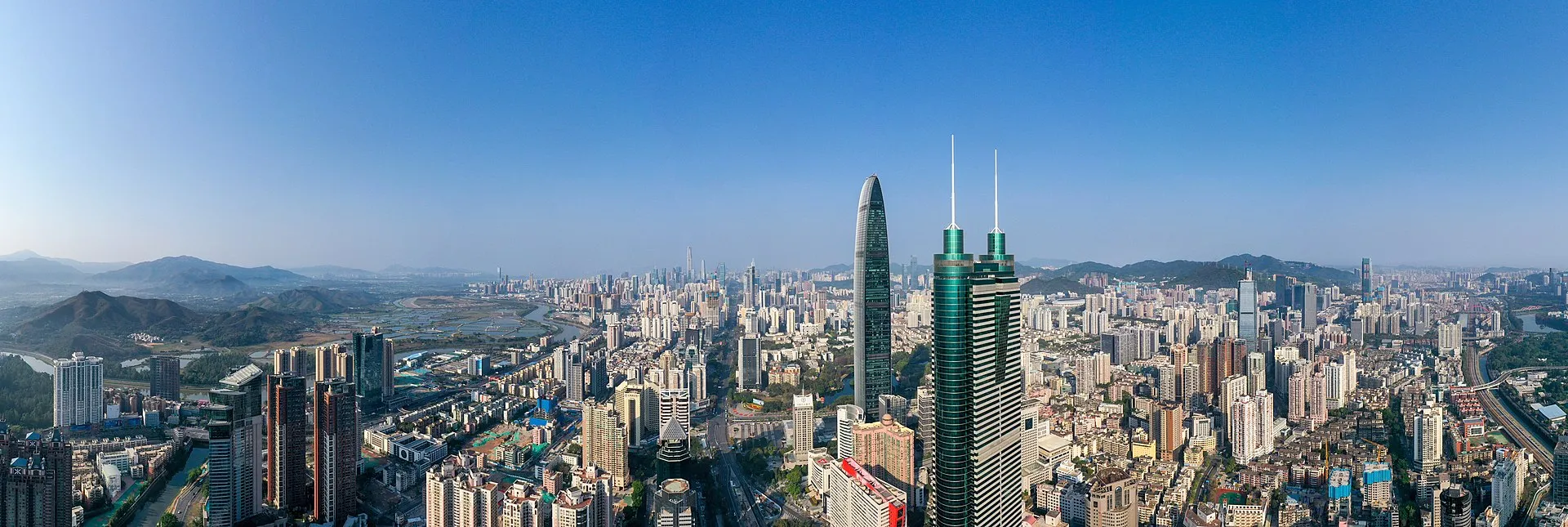 Aerial panoramic view of Shenzhen skyline with KK100 tower and Ping An Finance Centre