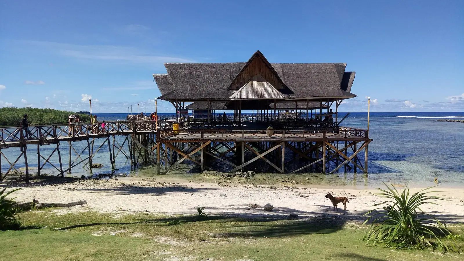 Cloud 9 surf tower boardwalk over turquoise water, Siargao Island, Philippines
