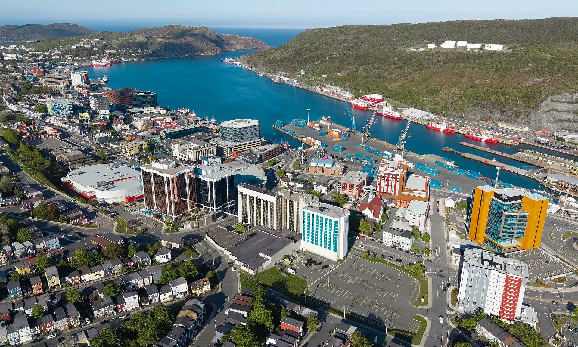 The painted houses and harbour of St John's from above
