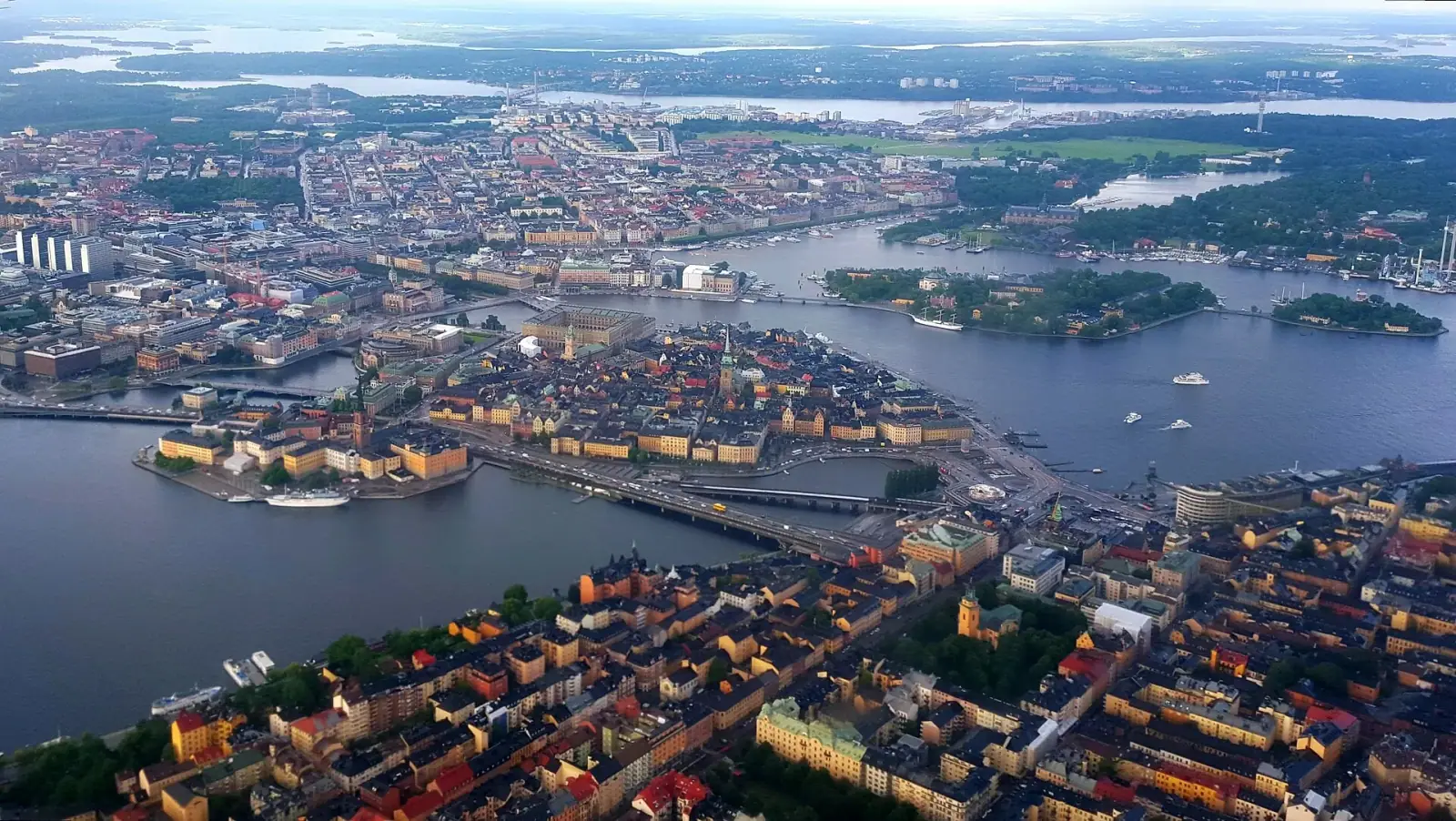 Aerial view of Stockholm showing Gamla Stan old town island surrounded by waterways
