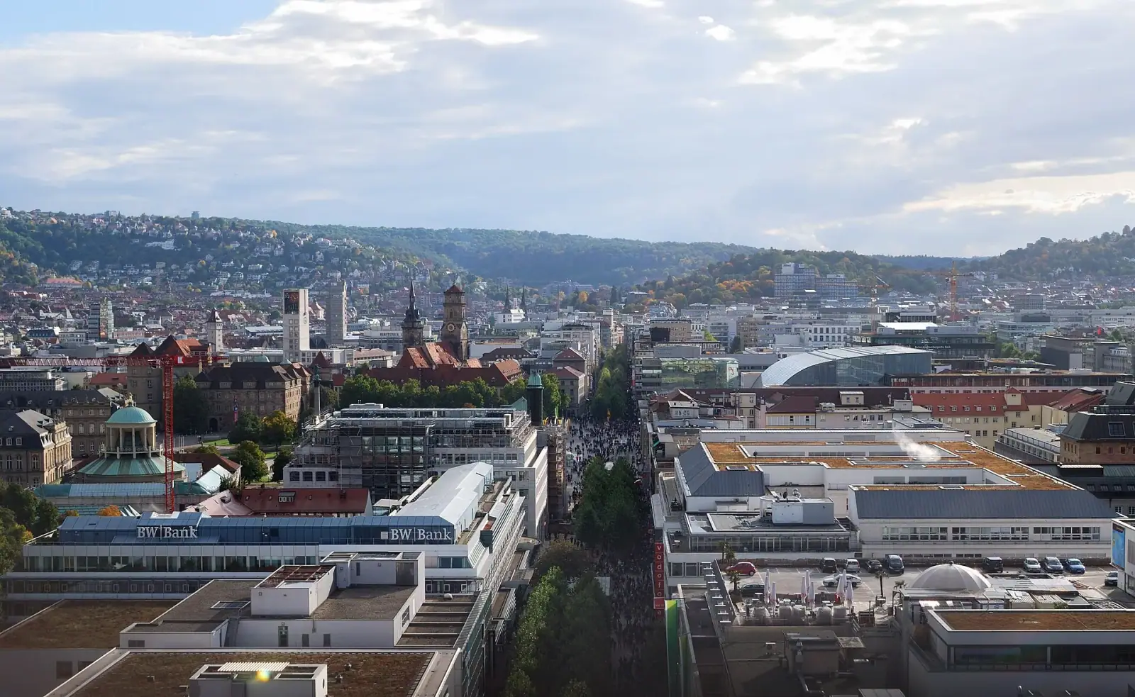 Stuttgart city centre viewed from the Hauptbahnhof tower, showing Königstrasse, Stiftskirche and surrounding hills