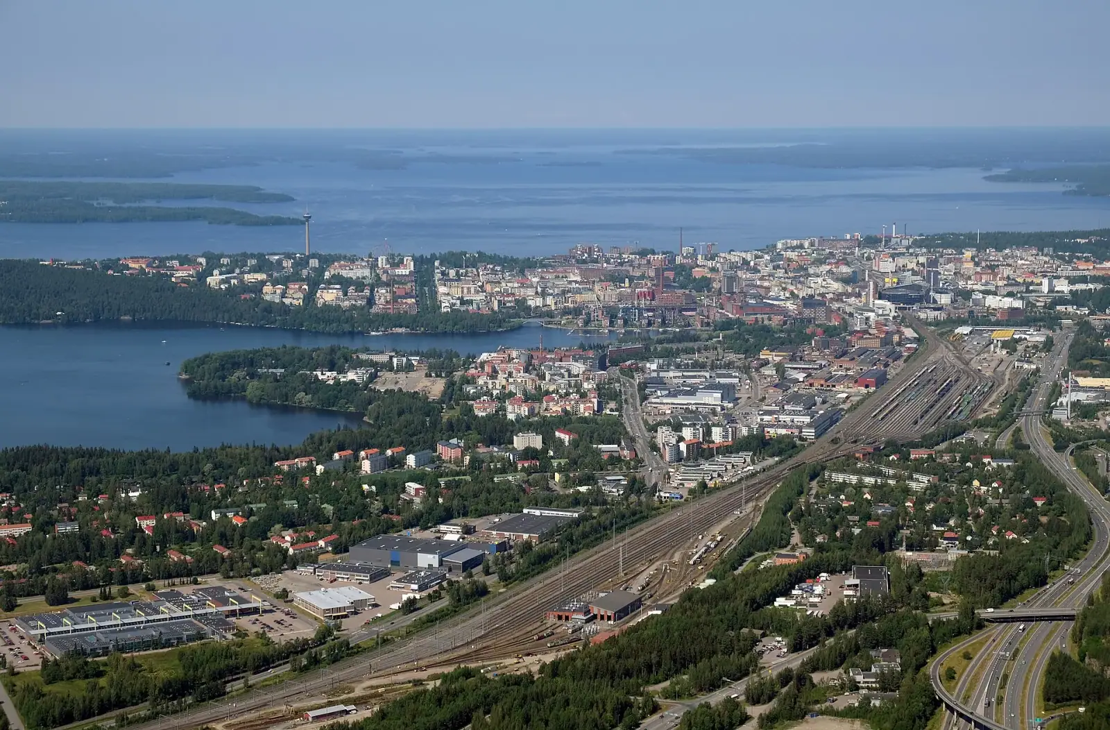 Aerial view of Tampere, Finland, with Nasinneula tower and lake Nasijärvi