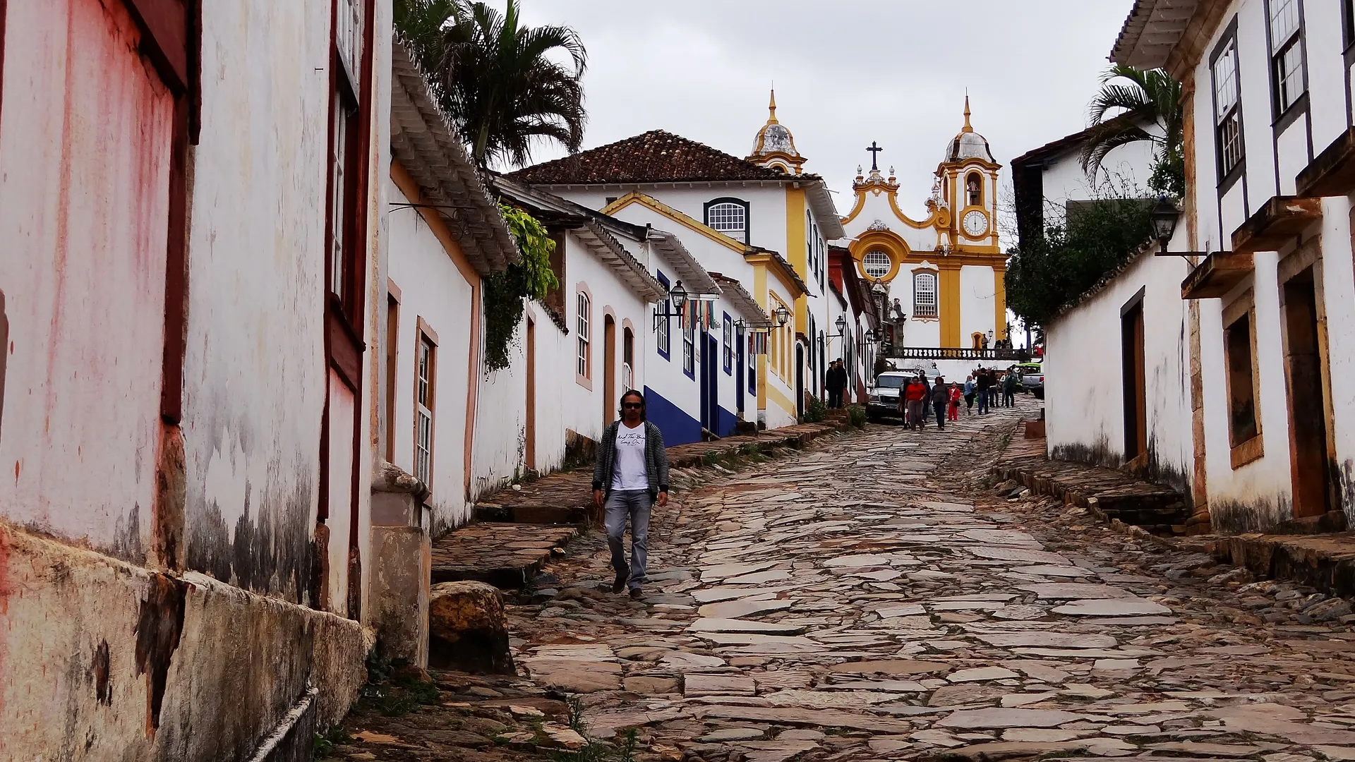 Cobbled street rising to the Matriz church in Tiradentes, Brazil
