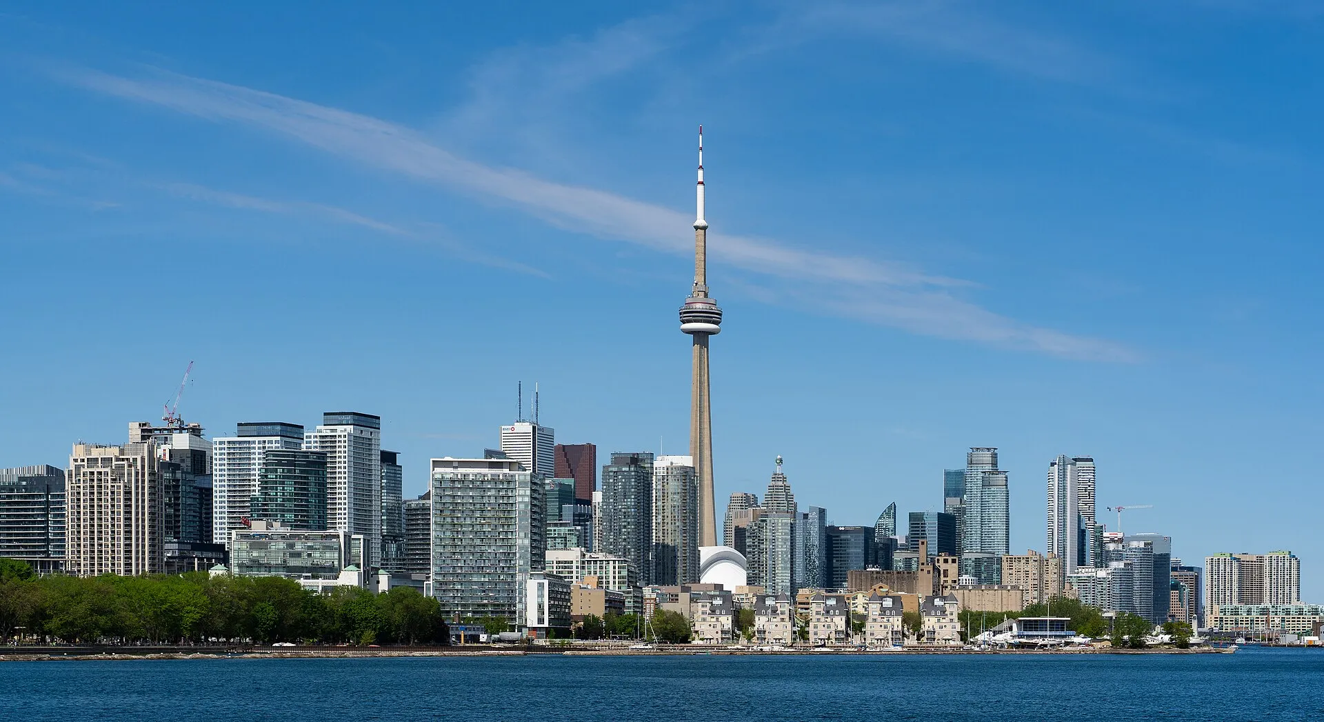 Toronto skyline with CN Tower from Trillium Park on a clear sunny day