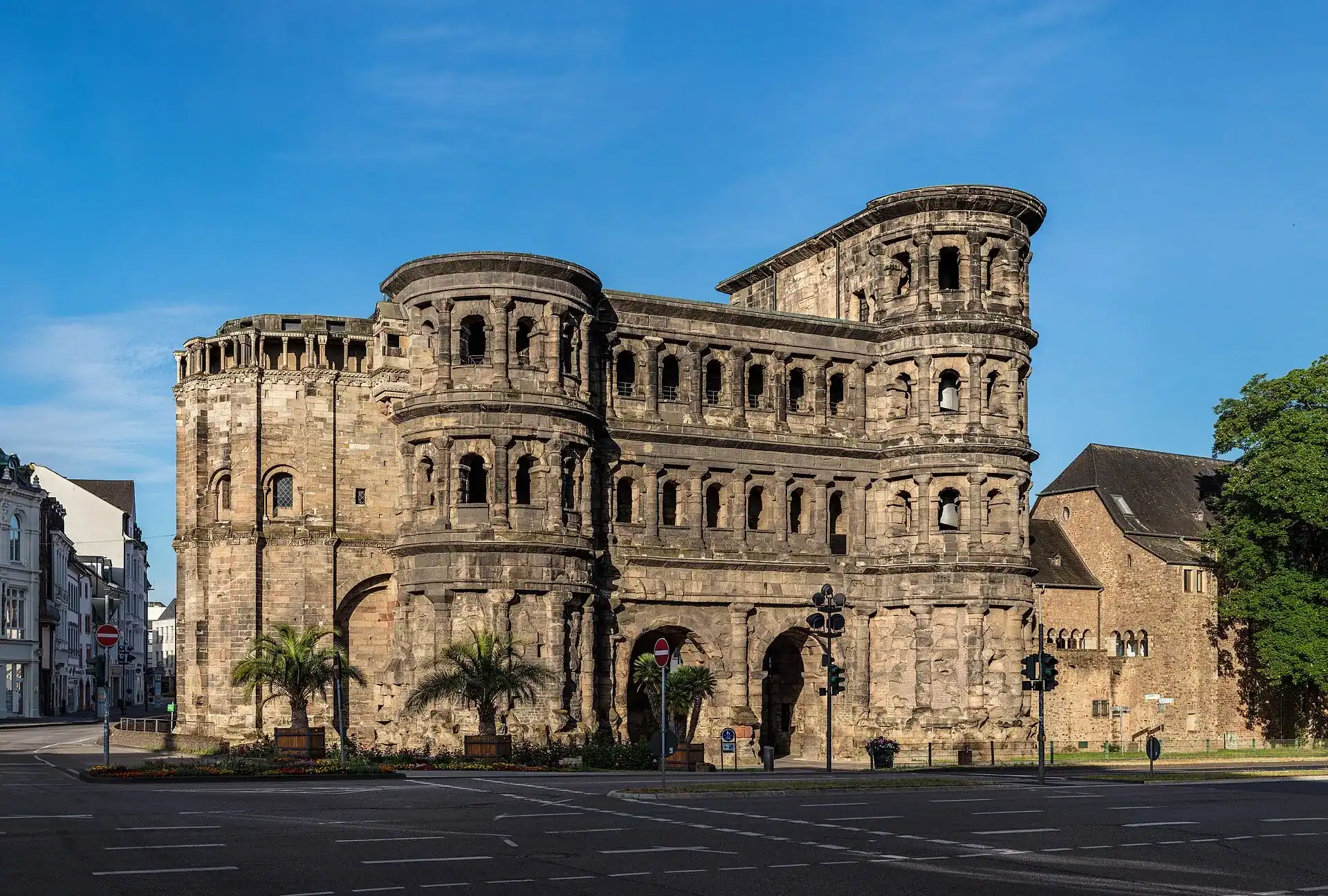 The Porta Nigra at Trier, the Roman city gate that has stood since about 170