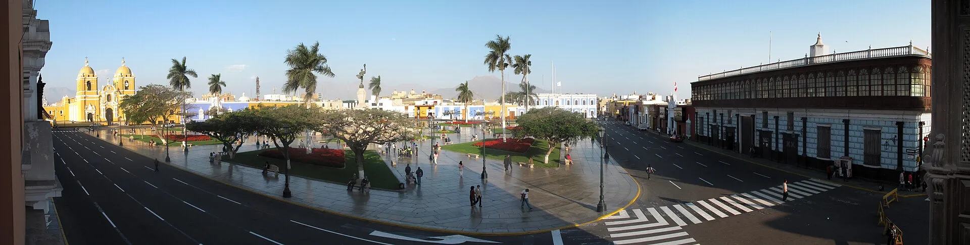 Panoramic view of Trujillo Plaza de Armas with the yellow Cathedral and colonial buildings