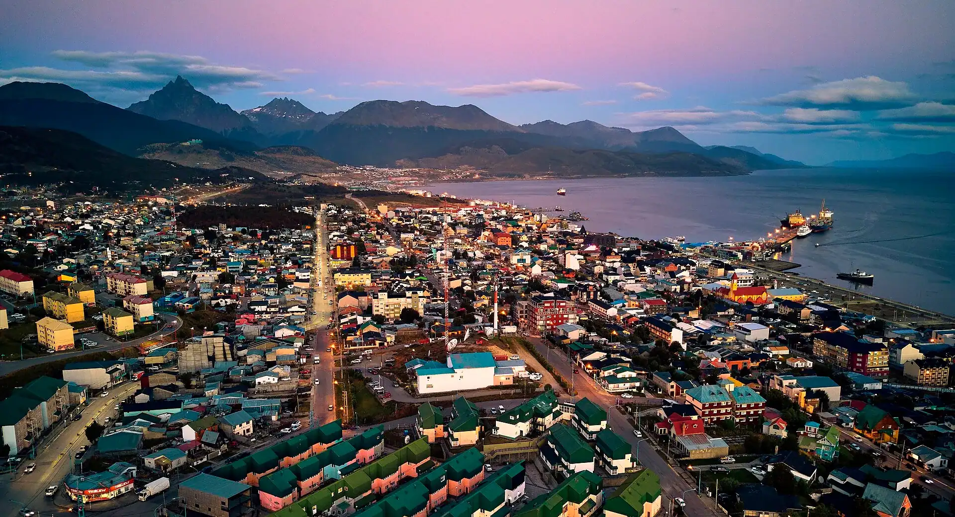 Ushuaia at dusk between the Beagle Channel and the mountains