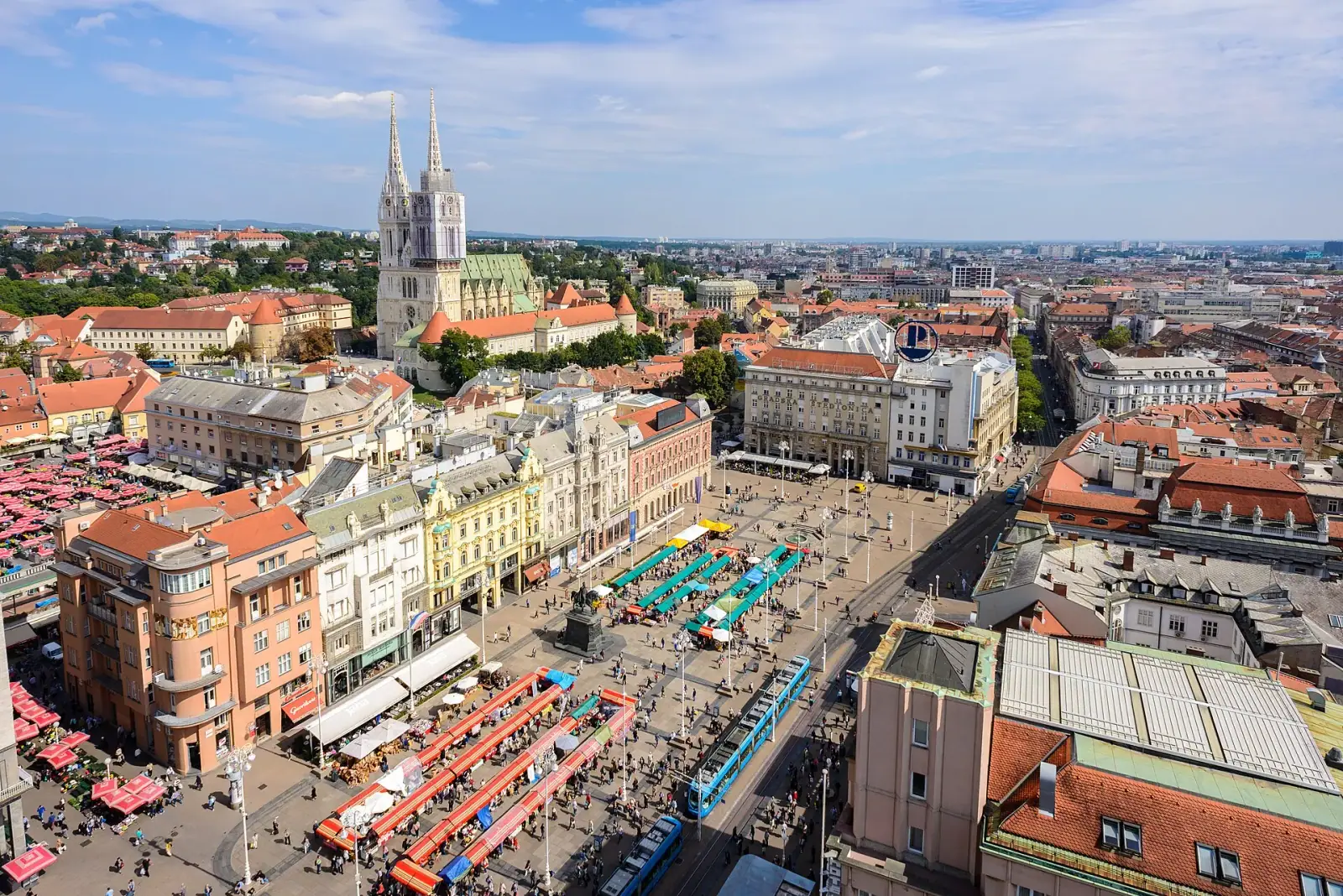 Aerial view of Ban Jelacic Square and Zagreb Cathedral, Croatia