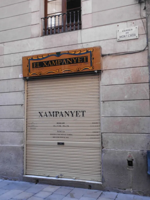 El Xampanyet bar storefront on Carrer de Montcada in El Born, Barcelona