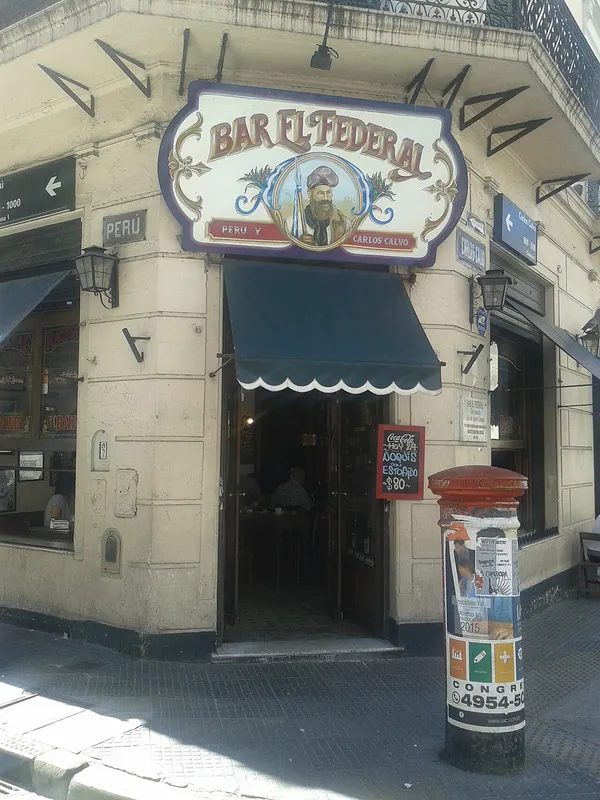 Exterior of Bar El Federal with ornate signage at the corner of Peru and Carlos Calvo, San Telmo