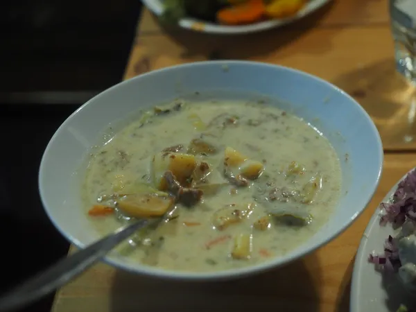 Bowl of reindeer soup served at Konstan Molja restaurant in Helsinki