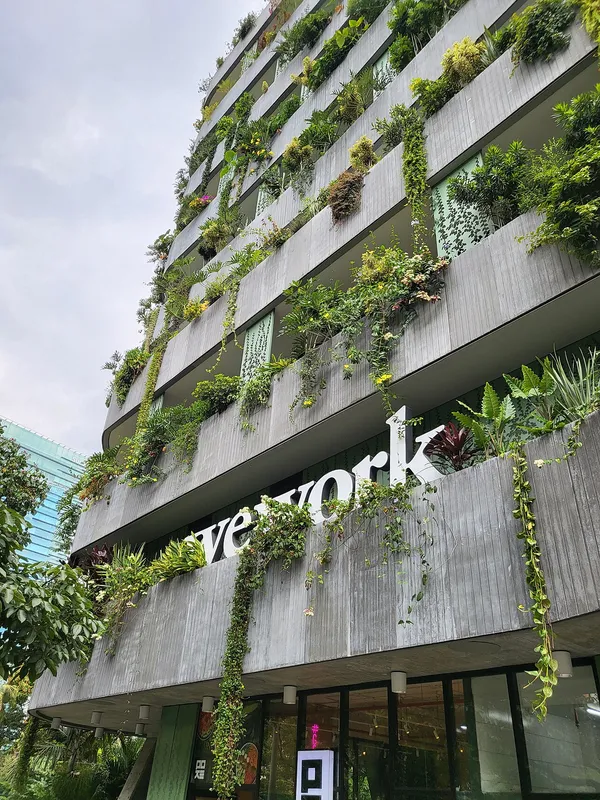 WeWork El Poblado building exterior covered in vertical garden plants with WeWork signage, Medellín