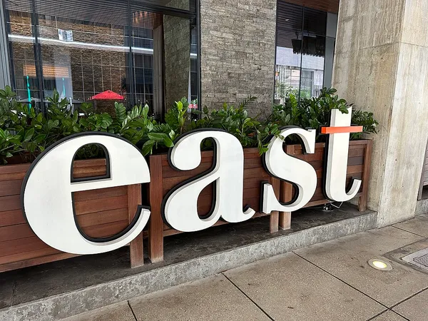 EAST Miami hotel signature 'east' lettering sign outside Brickell City Centre