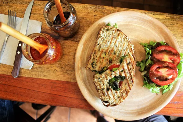 Vegetarian sandwich on artisan bread at Boulenc bakery cafe, Oaxaca