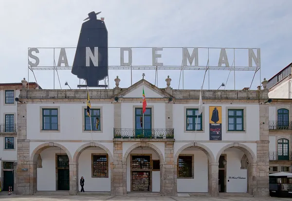 Exterior of the Sandeman building in Vila Nova de Gaia, home of The House of Sandeman Hostel and Suites